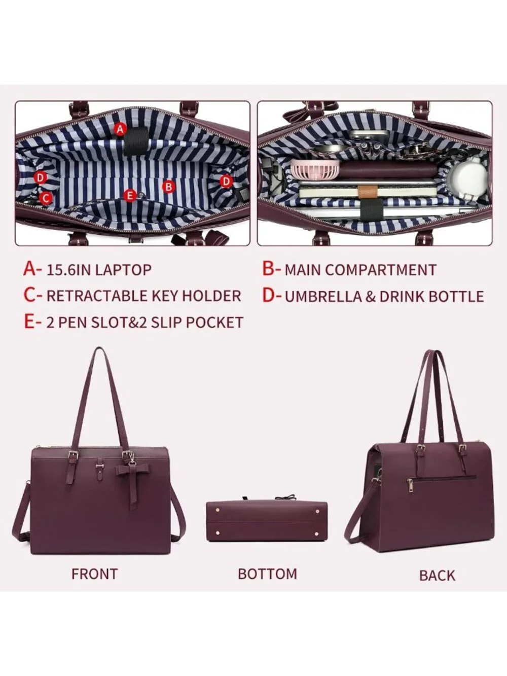 Stylish 4pc Laptop Bag Set for Women - Large Leather Briefcase with USB Charging
